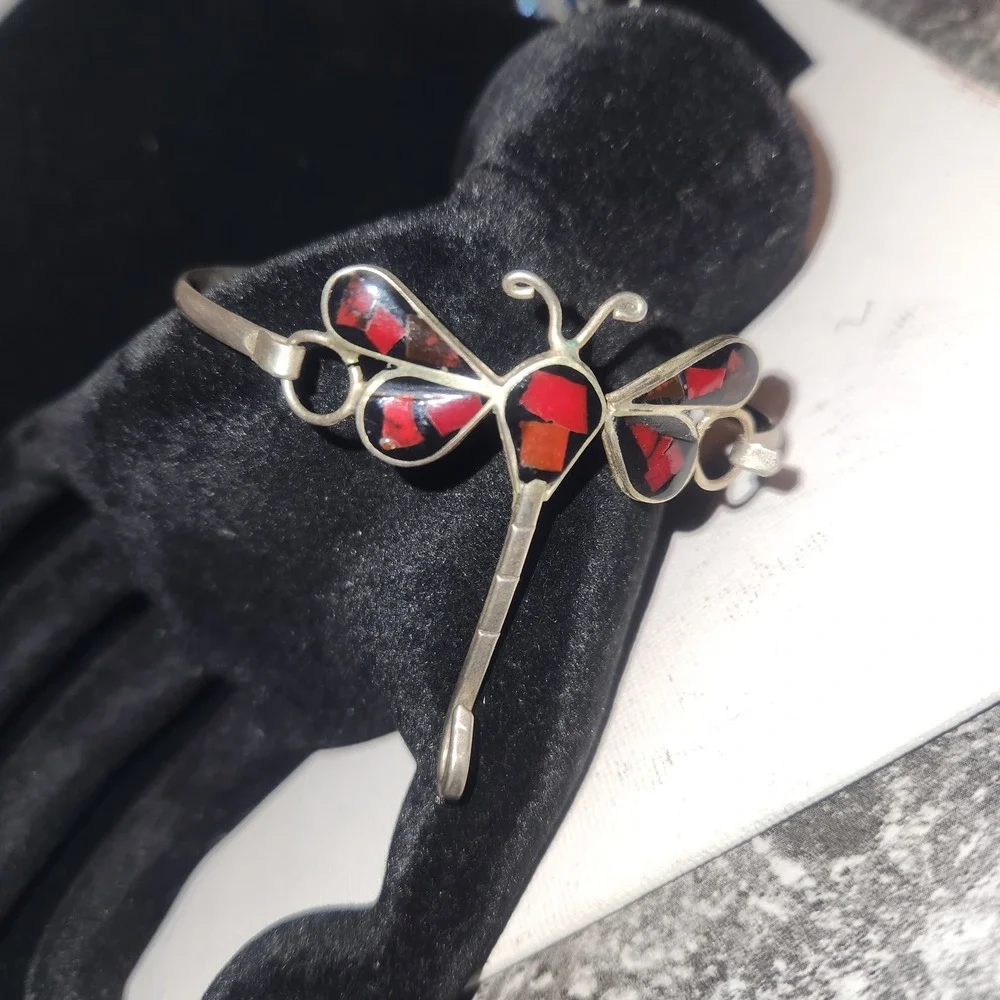 Vintage Dragonfly Inlay Cuff Bracelet Red Black‎ Mosaic Silver Tone Artisan Boho